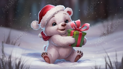 Adorable christmas polar bear holding a gift – ideal for holiday cards, posters, and festive social media content