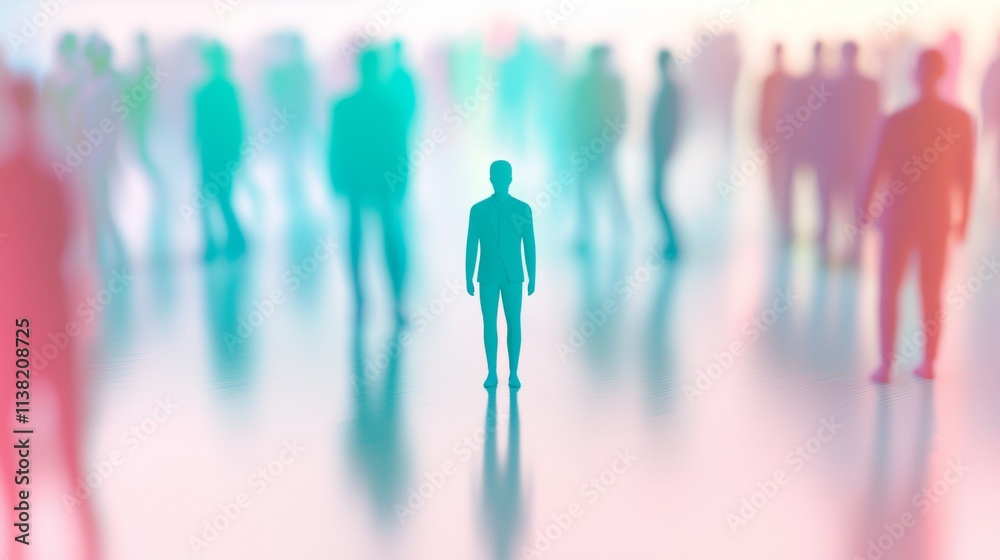 Businessman standing out amidst a blurred crowd of people in soft pastel colors, symbolizing individuality, leadership, and a distinct presence in a competitive environment Businessman standing out amidst a blurred crowd of people in soft pastel colors, symbolizing individuality, leadership, and a distinct presence in a competitive environment
