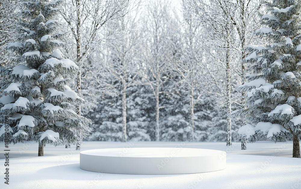 Fototapeta premium White podium pedestal in a winter forest background for product presentation