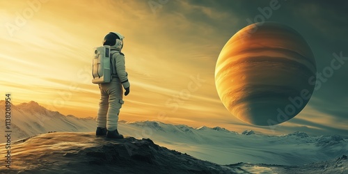 Astronaut gazing at a distant gas giant in a surreal landscape