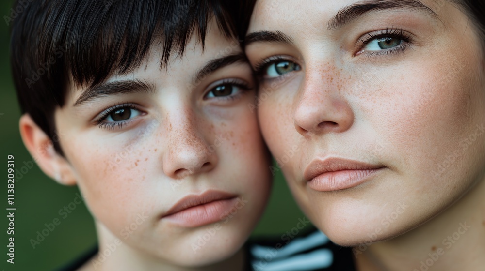Two young people with freckles on their faces are posing together for a close-up portrait, showcasing their natural beauty and youthful appearance Two young people with freckles on their faces are posing together for a close-up portrait, showcasing their natural beauty and youthful appearance