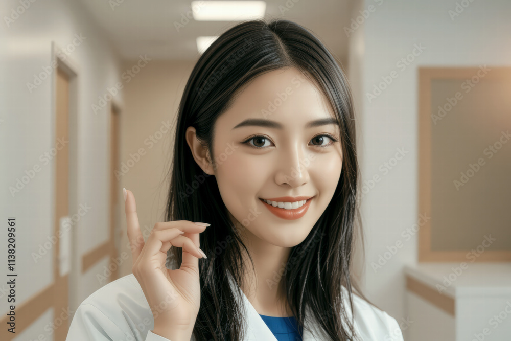 smiling female doctor in white coat gestures with her finger in hospital corridor, conveying sense of professionalism and approachability smiling female doctor in white coat gestures with her finger in hospital corridor, conveying sense of professionalism and approachability