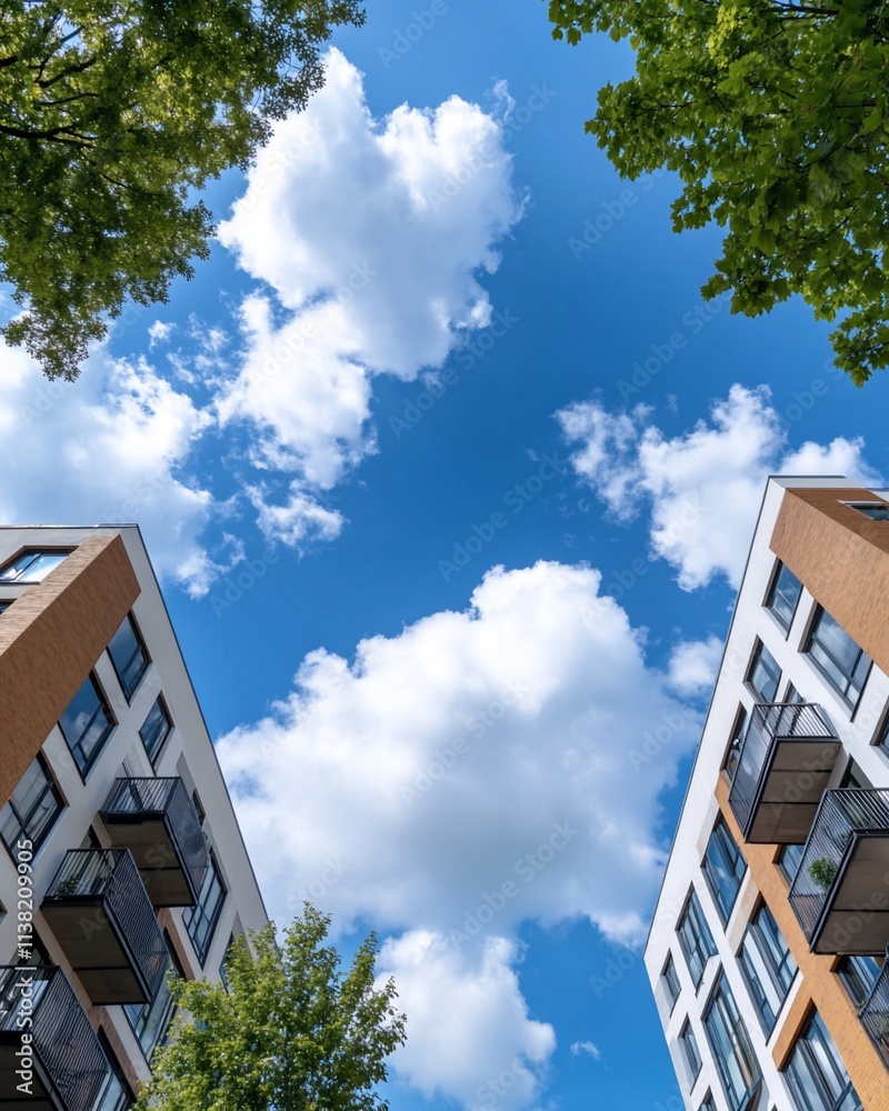 Low angle view of two modern apartment buildings against a bright blue sky with fluffy white clouds and green tree branches. Low angle view of two modern apartment buildings against a bright blue sky with fluffy white clouds and green tree branches.
