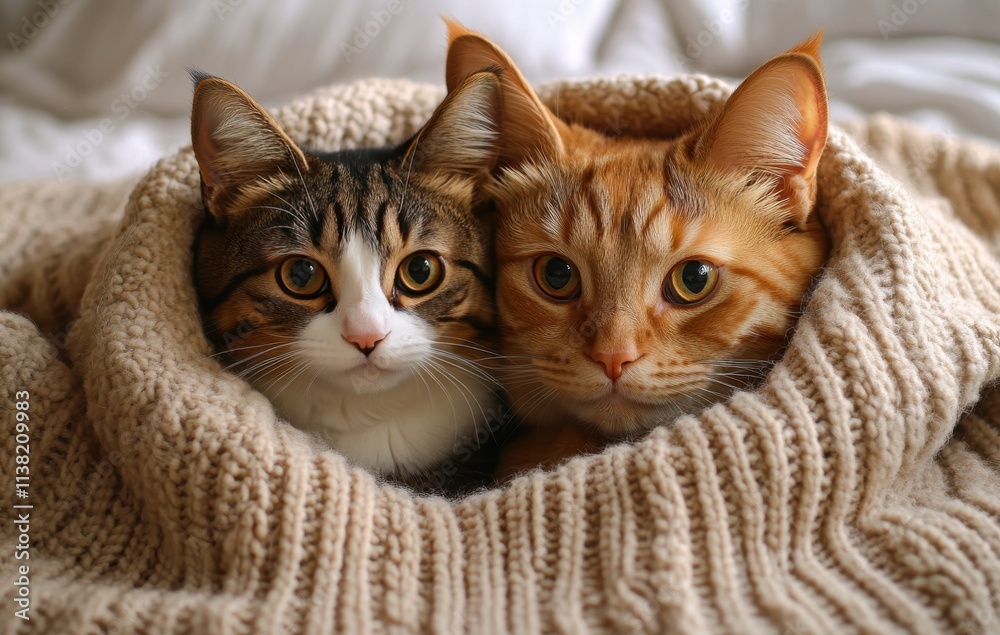 A dog and cat snuggled up under the same blanket, looking at the camera A dog and cat snuggled up under the same blanket, looking at the camera