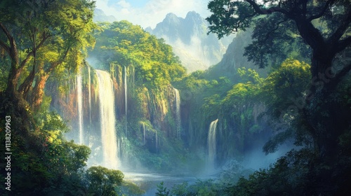 Majestic Waterfalls in a Lush, Verdant Jungle Landscape