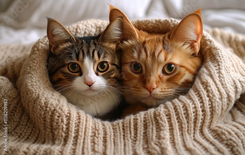 A dog and cat snuggled up under the same blanket, looking at the camera photo