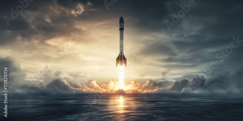 Rocket launching into a dramatic sunset sky over the ocean