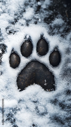 Photo capturing the imprint of a dog paw on the snow-covered ground of a house's garden. wolf wallpaper. Ultra realistic. Photorealistic hypermaximalist hyper realistic fine detail