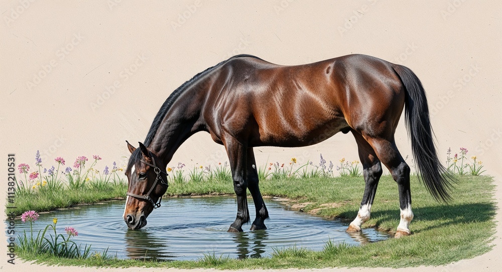 Obraz premium A horse grazing by a pond with wildflowers blooming around the edges hand drawing