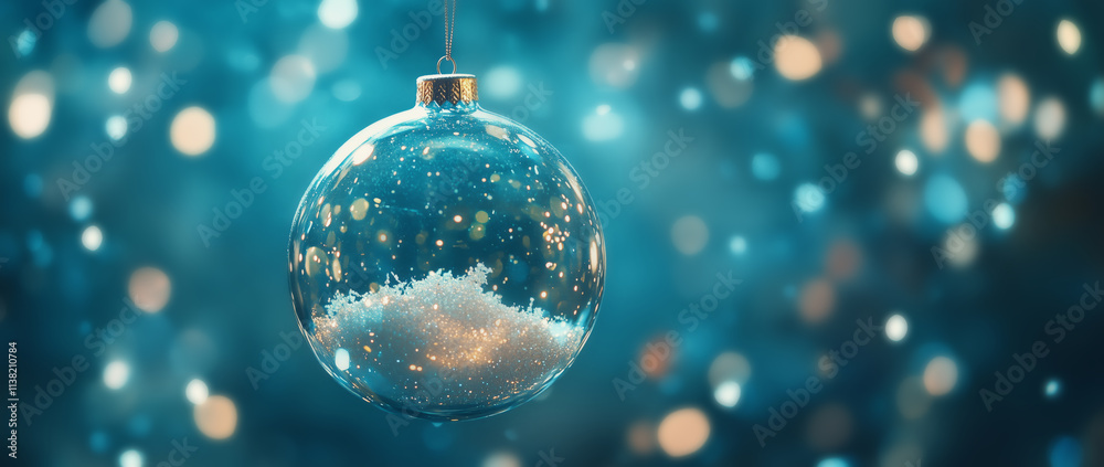 Fototapeta premium Christmas tree ornament in a glass ball on a blue background with white snowflakes and rays of light. Christmas greeting card, banner, or poster design