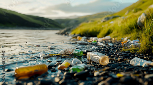 Plastic Waste on the Shoreline by River or Lake photo