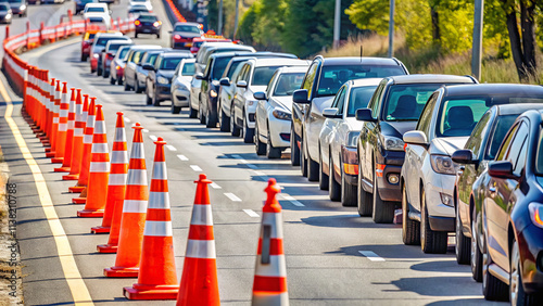 Numerous cars are lined up in a construction zone, surrounded by orange traffic cones. The scene takes place during the day with clear skies and lush greenery nearby