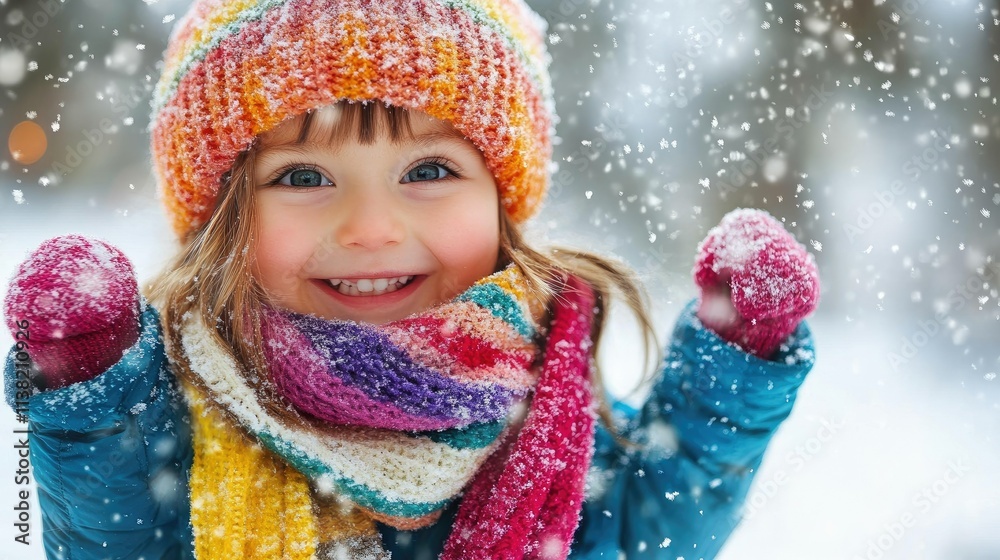 Happy girl with colorful hat, scarf, mitts plays in snow. Happy girl with colorful hat, scarf, mitts plays in snow.