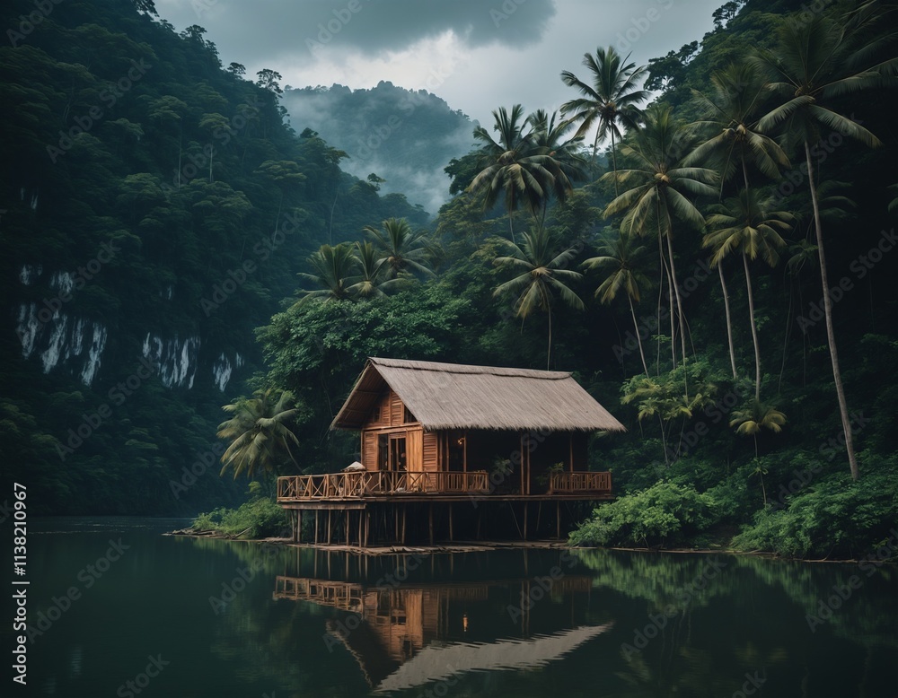 Obraz premium Tranquil Wooden Cabin Surrounded By Tropical Greenery and Calm Reflective Lake