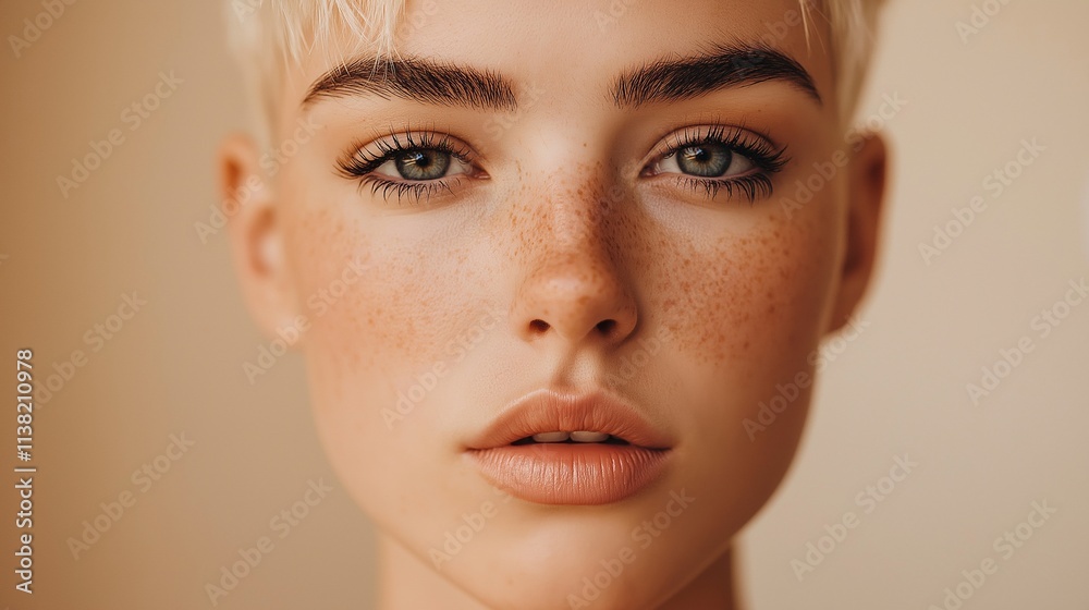 Close-up portrait highlighting the natural beauty of a young woman with freckles and captivating eyes, showcasing perfect skin and subtle makeup