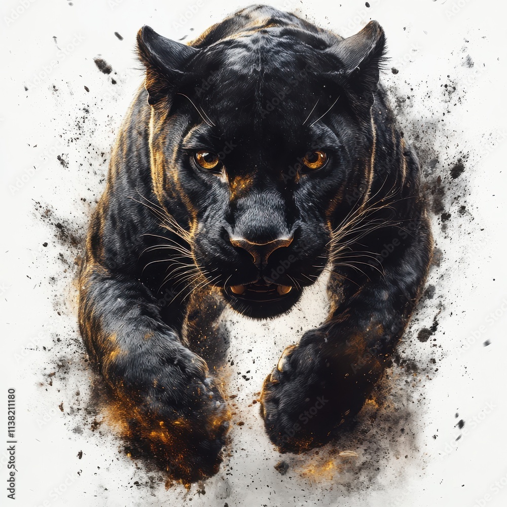 Fotografie black panther jumping against a white background
