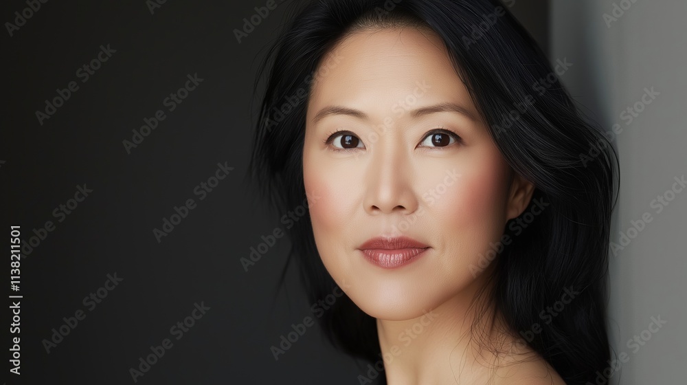 Headshot featuring a beautiful middle-aged asian woman with long black hair and flawless skin, posing confidently against a dark background, showcasing her natural makeup and serene expression Headshot featuring a beautiful middle-aged asian woman with long black hair and flawless skin, posing confidently against a dark background, showcasing her natural makeup and serene expression