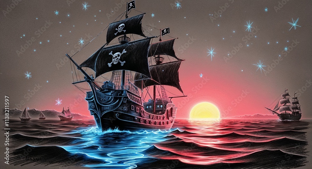 Fototapeta premium A pirate ship sailing on a glowing neon sea with stars reflecting off the water hand drawing