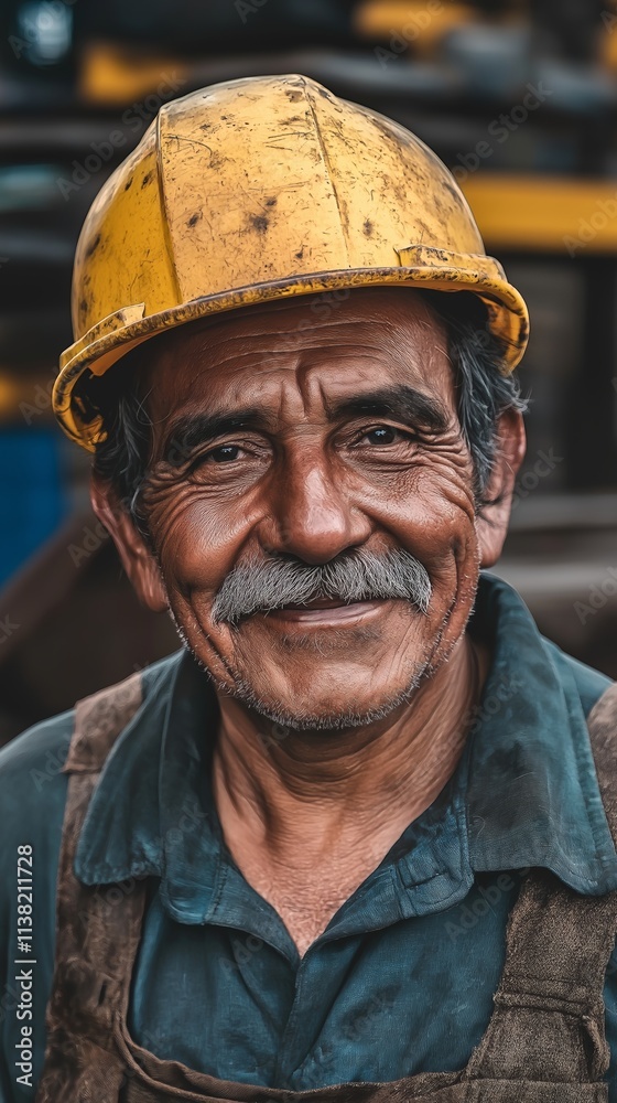 Portrait of a cheerful senior construction worker wearing a yellow hardhat, smiling confidently on a job site, showcasing experience and dedication in the construction industry Portrait of a cheerful senior construction worker wearing a yellow hardhat, smiling confidently on a job site, showcasing experience and dedication in the construction industry