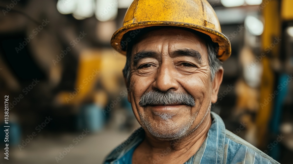 Portrait of a cheerful senior factory worker wearing a yellow safety helmet, representing experience, dedication, and pride in the manufacturing industry Portrait of a cheerful senior factory worker wearing a yellow safety helmet, representing experience, dedication, and pride in the manufacturing industry