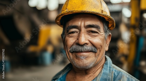 Portrait of a cheerful senior factory worker wearing a yellow safety helmet, representing experience, dedication, and pride in the manufacturing industry