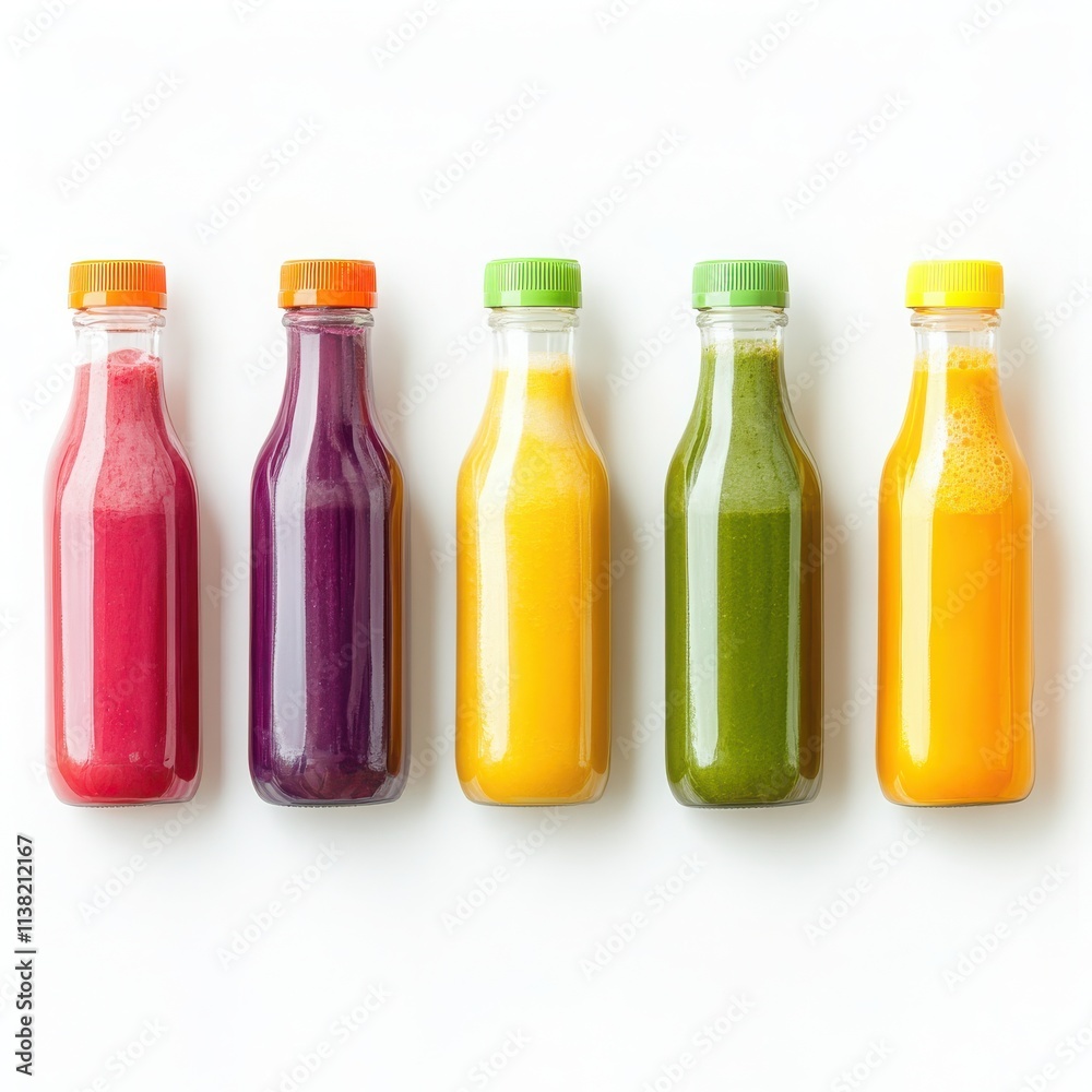 A set of vibrant smoothies in transparent bottles on a white background. A set of vibrant smoothies in transparent bottles on a white background.