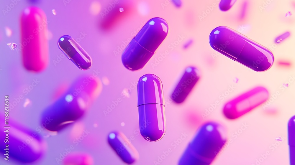 A dynamic mix of purple and pink pills on a soft pastel gradient background A dynamic mix of purple and pink pills on a soft pastel gradient background