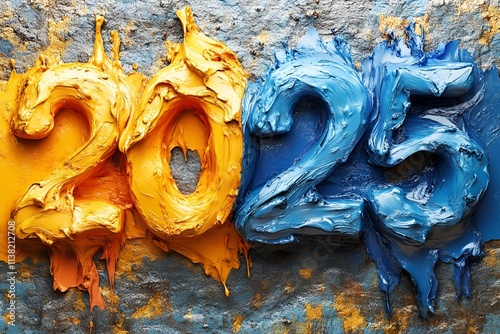 vibrant and textured 2025 New Year's greeting, rendered in thick, paint strokes of golden yellow and deep blue, 2025 new year word art photo