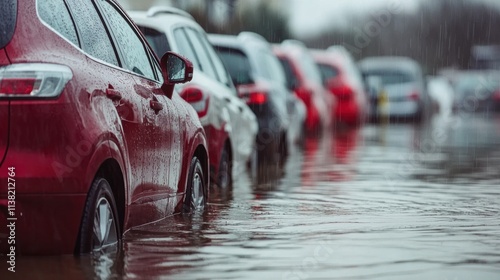 A parking lot filled with cars standing in waist-deep floodwater. photo