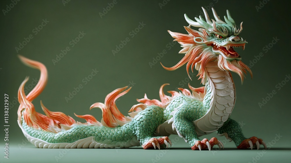 Obraz premium A vibrant green dragon sculpture ideal for 2025 Chinese New Year celebrations, showcasing intricate details and perfect for event marketing or greeting cards.