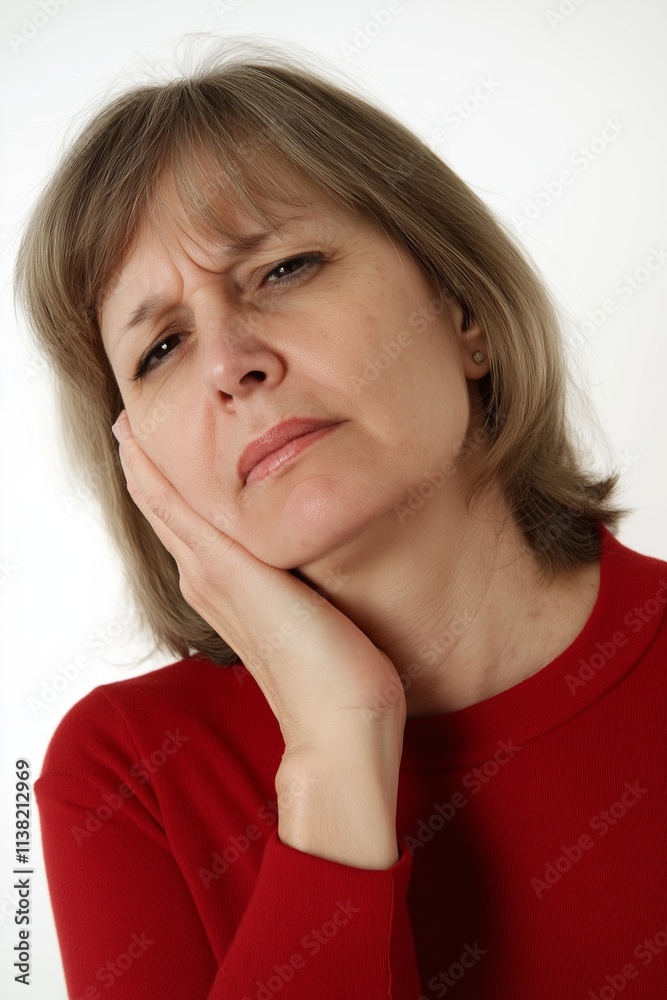 Middle-aged woman experiencing severe tooth pain, pressing her hand against her cheek while displaying a distressed expression, indicating serious dental issues and discomfort Middle-aged woman experiencing severe tooth pain, pressing her hand against her cheek while displaying a distressed expression, indicating serious dental issues and discomfort