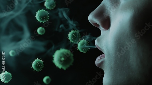 Microscopic view of virus particles being exhaled by a person, illustrating the concept of airborne disease transmission and infection spread