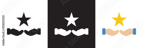 Grade quality, get reward, best score, excellent result icon. Line sign human hand holding-hugging shining star symbol. Vector illustration. isolated on white and black background. EPS 10