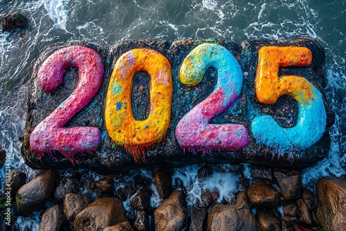 Vibrant 2025 Painted on Rocky Seashore Welcoming the New Year, 2025 new year word art