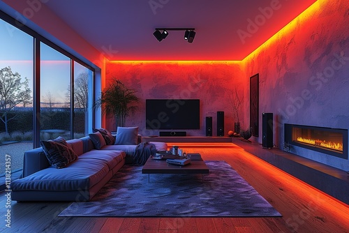 a modern living room illuminated by ambient smart home technology; changing LED lights behind the TV smart speaker on the side table thermostat mounted on the wall IoT devices photo