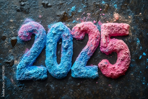 vibrant, textured 2025 crafted from blue and pink powder, celebrating the new year against a dark background, 2025 new year word art