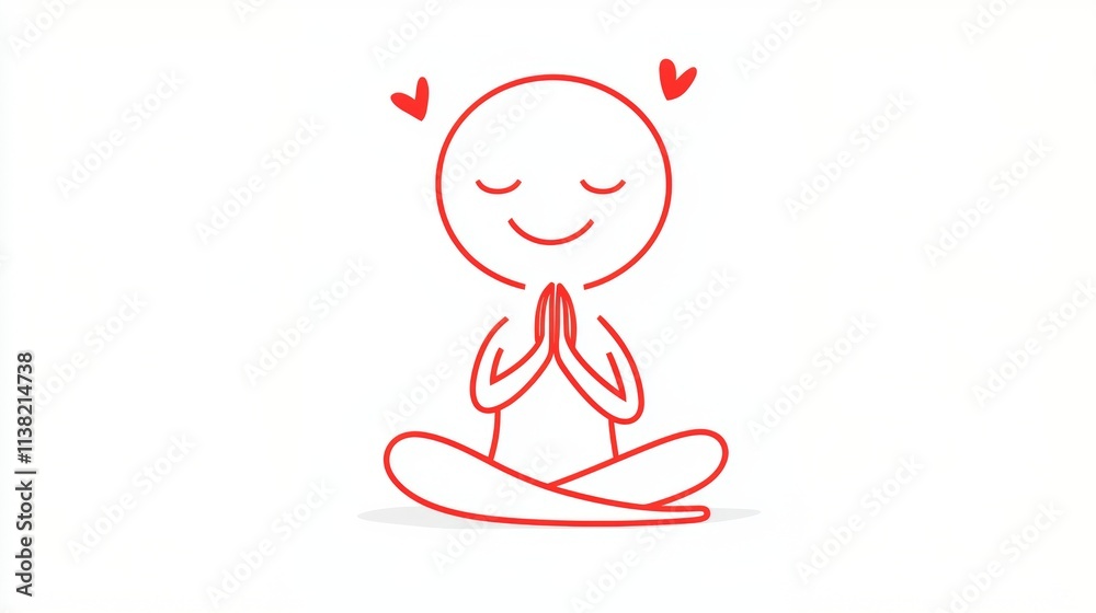 Red stick figure meditating in lotus position with closed eyes, hands together in prayer, and hearts floating above, symbolizing love, mindfulness, and inner peace Red stick figure meditating in lotus position with closed eyes, hands together in prayer, and hearts floating above, symbolizing love, mindfulness, and inner peace