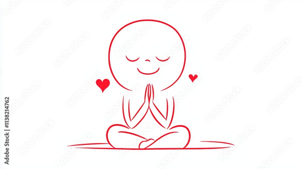 Stylized red cartoon figure meditating in lotus position with closed eyes, hands together, and hearts floating around, symbolizing love, gratitude, mindfulness, and inner peace Stylized red cartoon figure meditating in lotus position with closed eyes, hands together, and hearts floating around, symbolizing love, gratitude, mindfulness, and inner peace