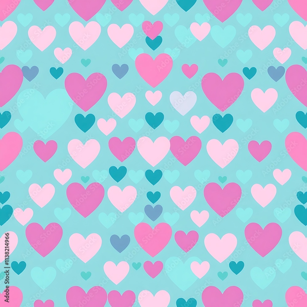 Heartfelt Pattern: A seamless pattern of pink, blue and turquoise hearts on a light blue background. A sweet and charming design perfect for Valentine's Day, wedding invitations. Heartfelt Pattern: A seamless pattern of pink, blue and turquoise hearts on a light blue background. A sweet and charming design perfect for Valentine's Day, wedding invitations.