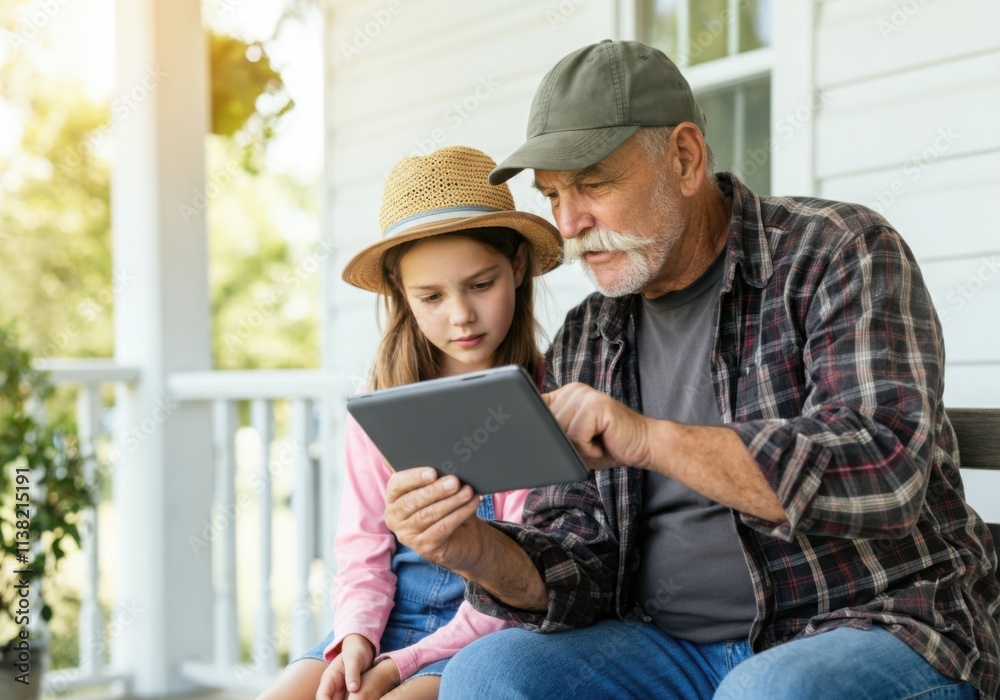 Grandfather and granddaughter sitting on porch using tablet together Grandfather and granddaughter sitting on porch using tablet together