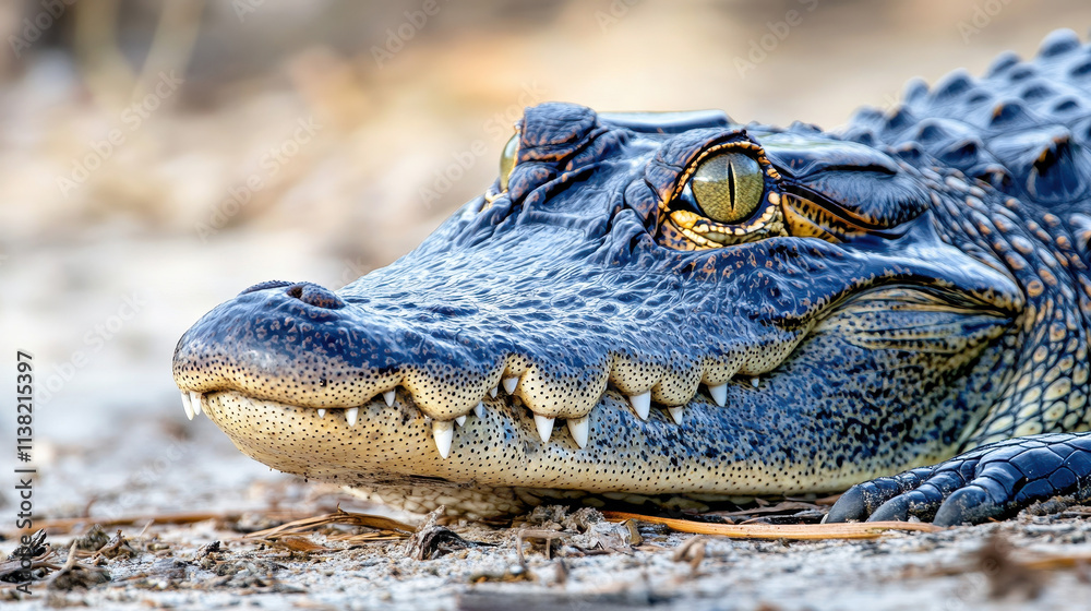 Obraz premium Close-up of an alligator with sharp teeth on a natural background