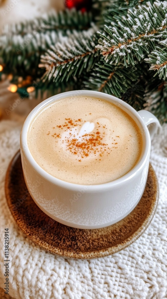 Cozy cup of frothy cappuccino topped with a sprinkle of cinnamon, nestled in a warm setting adorned with festive Christmas tree branches, evoking a sense of holiday cheer. Cozy cup of frothy cappuccino topped with a sprinkle of cinnamon, nestled in a warm setting adorned with festive Christmas tree branches, evoking a sense of holiday cheer.
