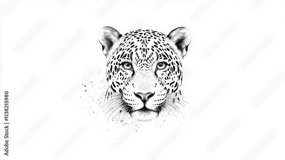 Black and white illustrated jaguar face on a clean white background Black and white illustrated jaguar face on a clean white background
