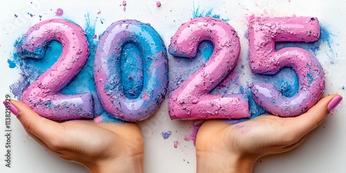Pastel-Colored 2025 Number Sculptures Held in Hands Against a Powdered Background, 2025 new year word art