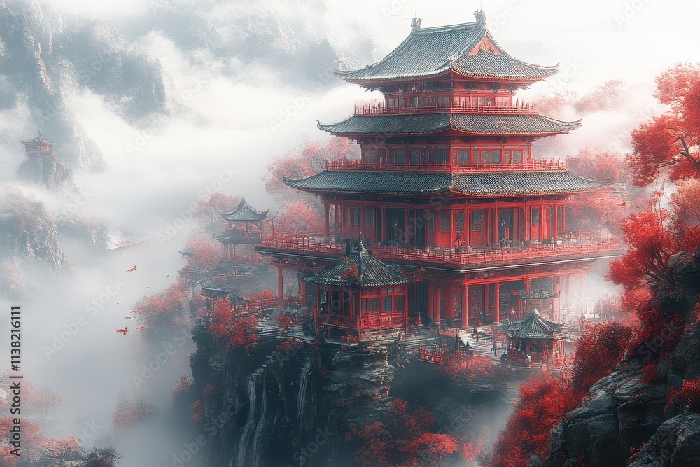 Obraz premium A fantasy illustration of a Chinese temple or Tibetan monastery atop a mountain peak, with warrior monks
