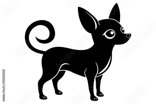 Chihuahua Silhouette Vector Illustration of a Tiny Dog Standing with Perky Ears and Curled Tail