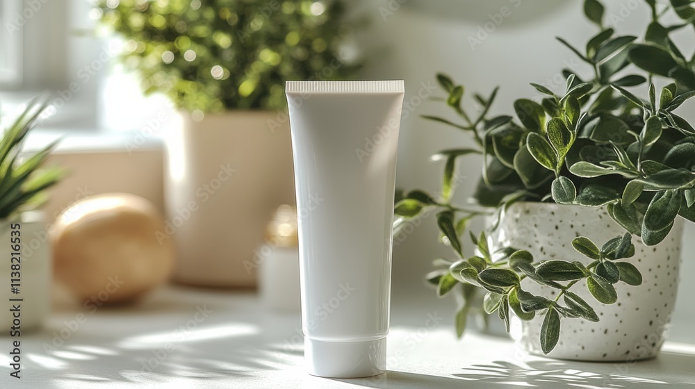 Obraz premium Mockup template of cosmetic tube cream 50ml on gray concrete stone background minimalist with green leaves. Natural hard lighting and shadows