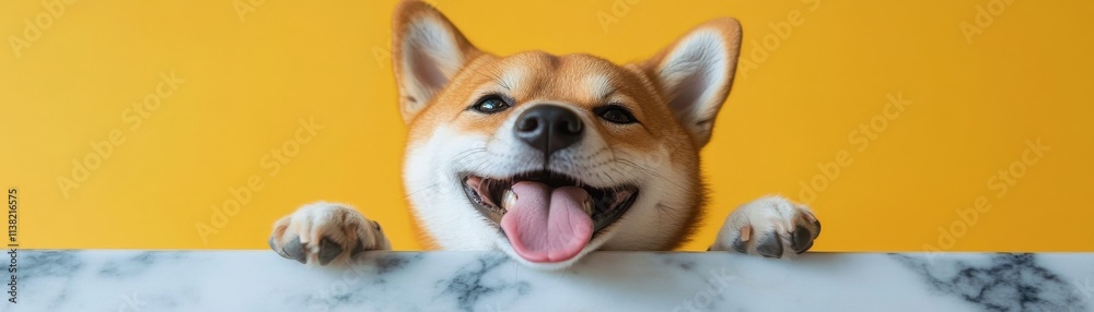 Happy Shiba Inu dog peeking over a marble surface with a bright yellow background. Happy Shiba Inu dog peeking over a marble surface with a bright yellow background.
