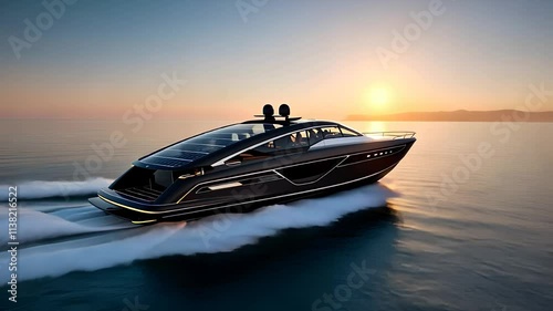 Luxury Motor Yacht Cruising on Calm Ocean Waters at Sunset with Scenic Horizon in the Background

 photo