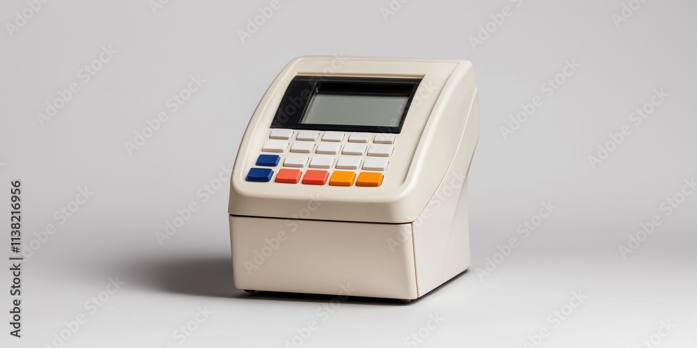 A white electronic device with a screen and buttons. It is sitting on a white surface. The device appears to be a calculator or a small computer A white electronic device with a screen and buttons. It is sitting on a white surface. The device appears to be a calculator or a small computer